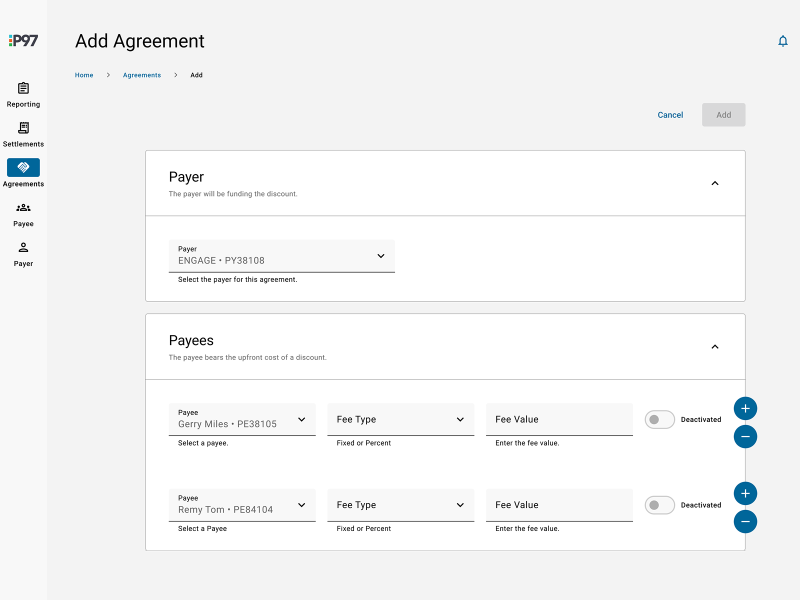 P97 Settlement Platform Add Agreement Screen