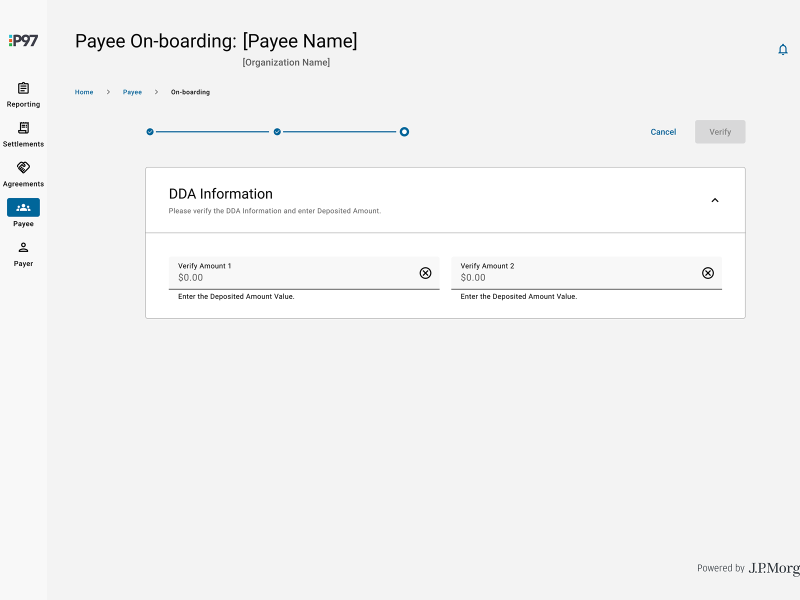 P97 Settlement Platform Payee On-boarding Screen