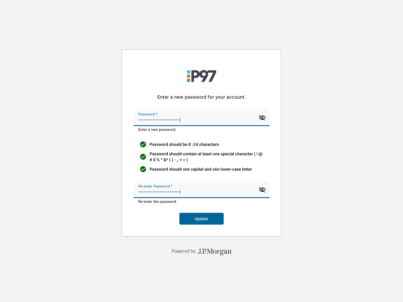 P97 Settlement Platform Password Reset Screen